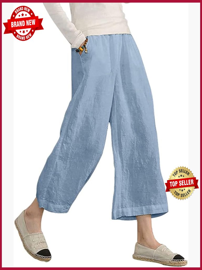 Linen Cropped Pants Wide Leg Capri Cotton Elastic Waist Drawstring Plus Size